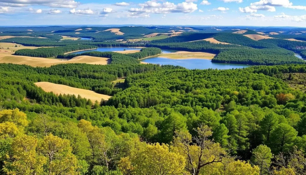 An image of Savanna Portage State Park's diverse landscape, including rolling hills, lakes, and forests.