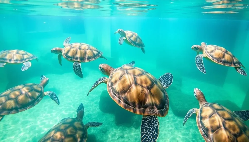An image of Sea Turtle Inc. facility on Laguna Madre with sea turtles in tanks.