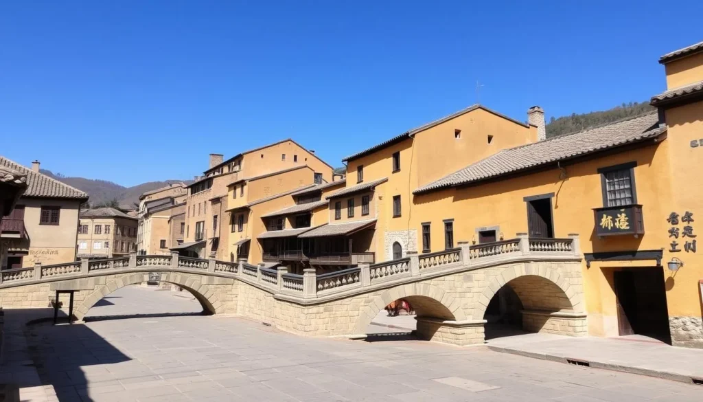 An image of Shaxi Ancient Town's main street with traditional yellow rammed-earth houses and stone bridges.