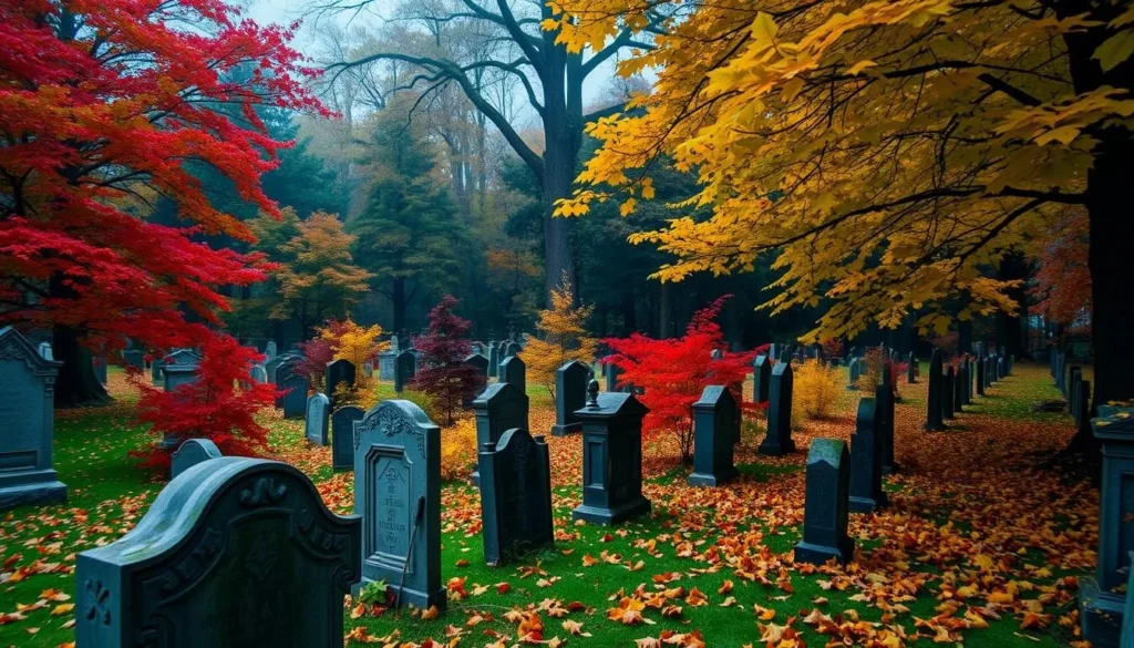 An image of Sleepy Hollow Cemetery during autumn, with fall colors surrounding the graves.