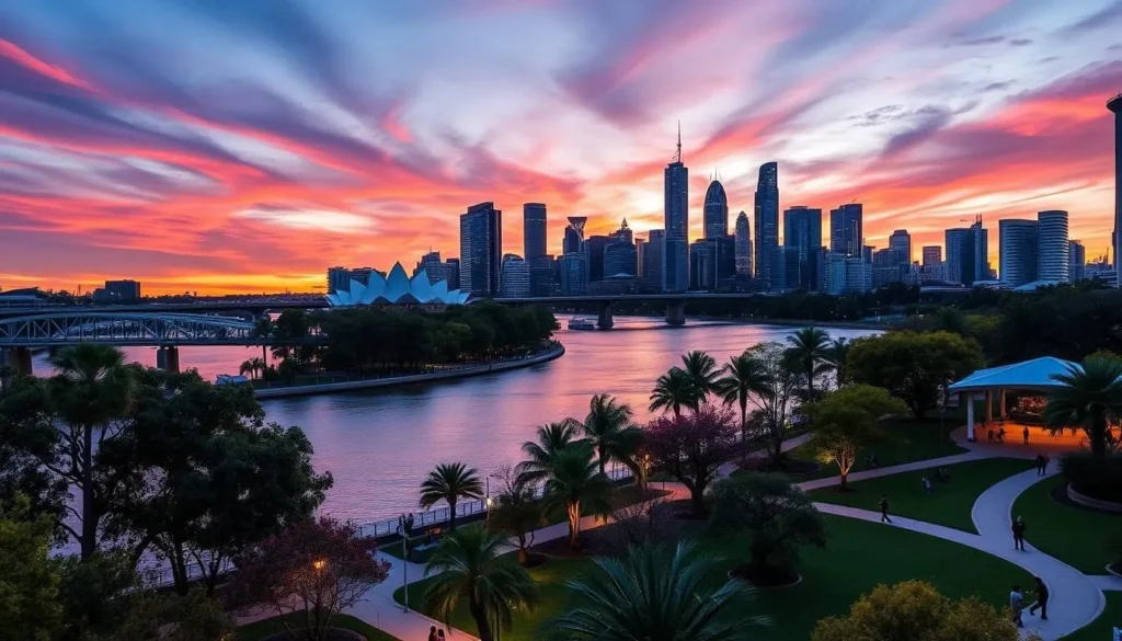 An image of South Bank Parklands with the Brisbane River and city skyline in the background
