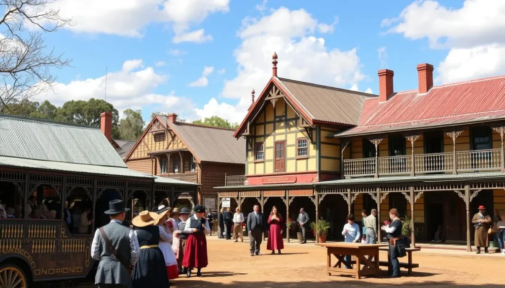 An image of Sovereign Hill, Ballarat's open-air museum, showcasing its historic buildings and costumed actors.