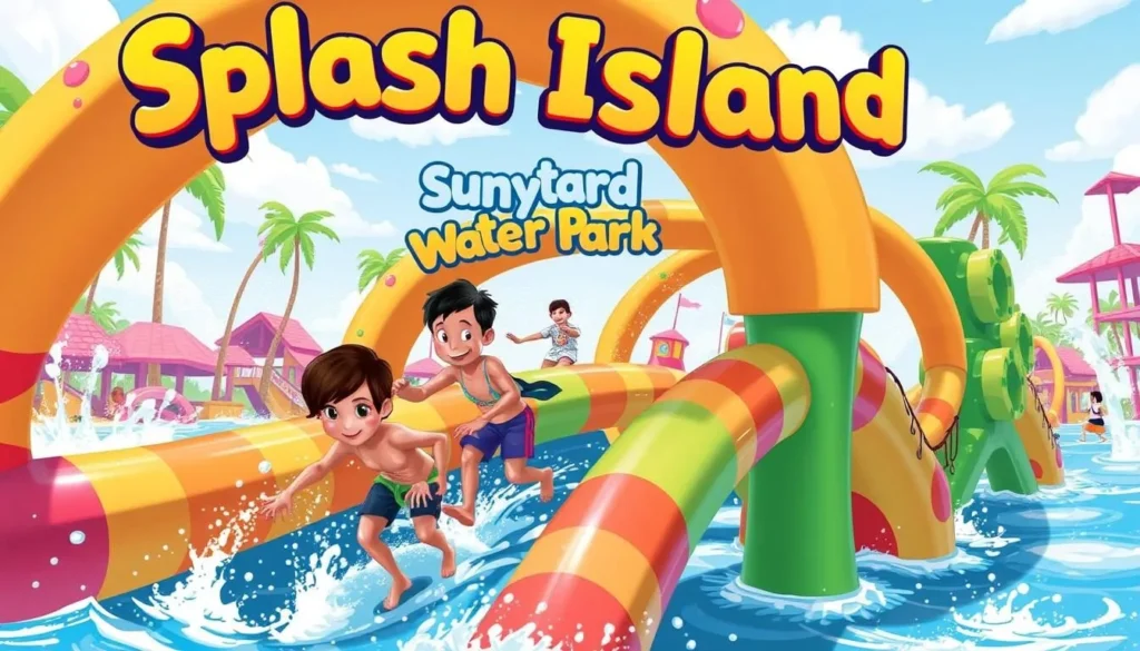 An image of Splash Island Water Park with kids playing on the obstacle course