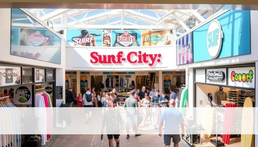 An image of Surf City Plaza in Torquay, featuring various surf brand outlets and a lively atmosphere. An image of Surf City Plaza in Torquay, featuring various surf brand outlets and a lively atmosphere.