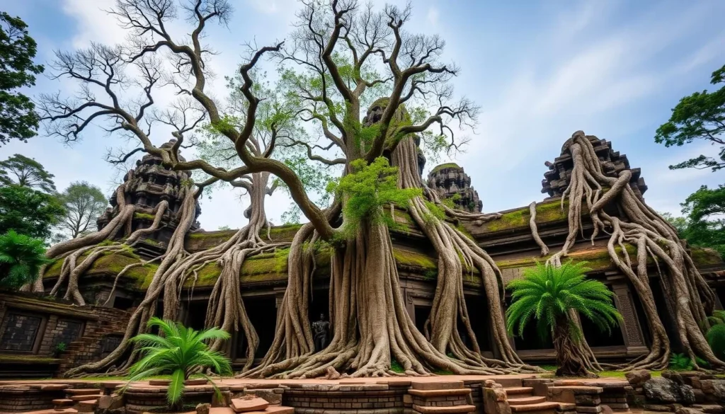 An image of Ta Prohm's ruins with trees growing out
