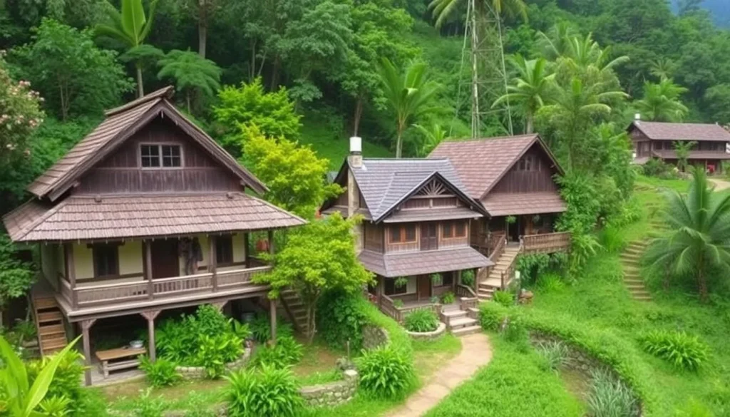 An image of Tam-Awan Village with its traditional Ifugao and Kalinga houses nestled among lush greenery.