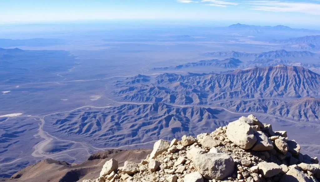 An image of Telescope Peak's summit with a panoramic view of Death Valley