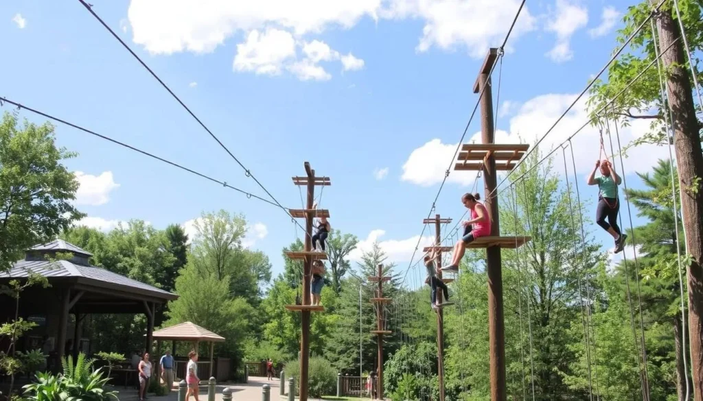 An image of The Adventure Park in Bridgeport, CT, with people enjoying zip lines and ropes courses.