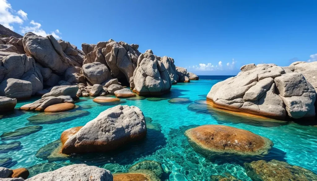 An image of The Baths on Virgin Gorda, showcasing its unique granite boulder formations and crystal-clear waters.