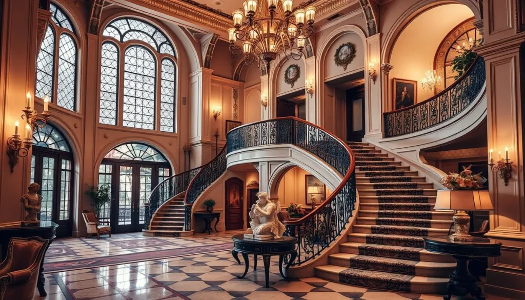 An image of The Cloister's luxurious lobby with a grand staircase and elegant decor.