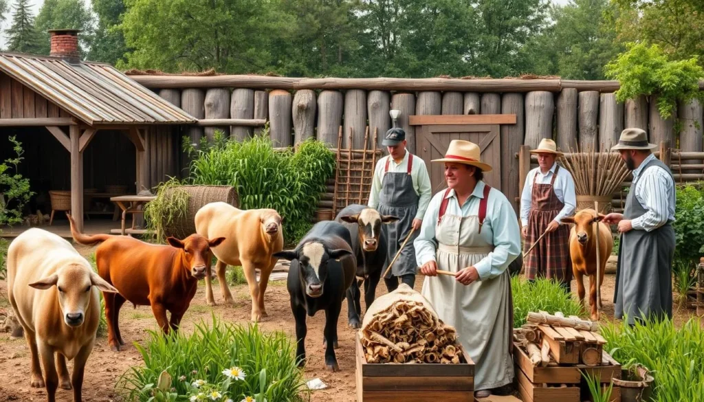 An image of The Homeplace1850s Working Farm with interpreters in period clothing.