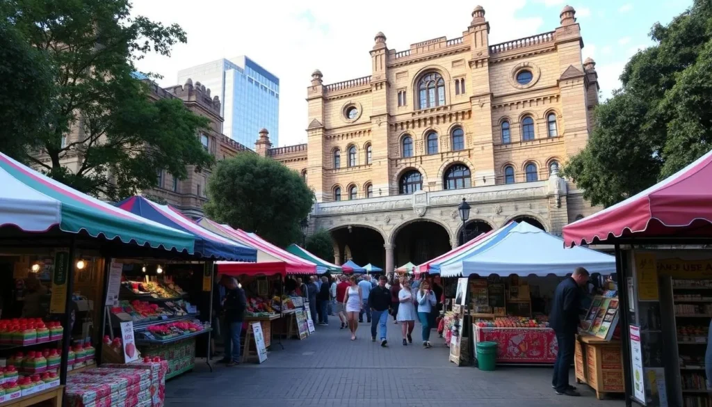 An image of The Rocks Weekend Markets with vibrant stalls and historic backdrop