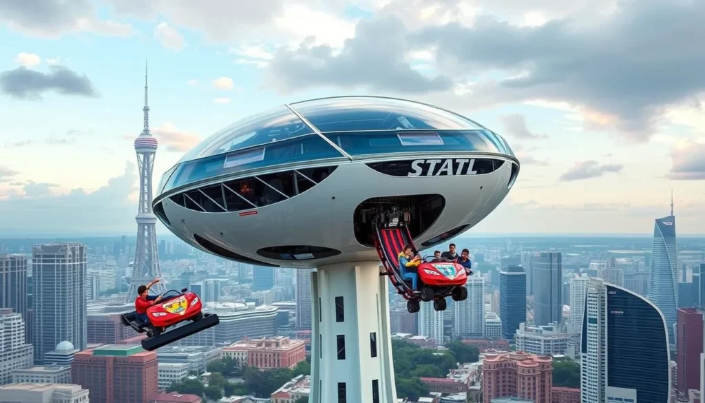 An image of The STRAT SkyPod with thrill rides in action