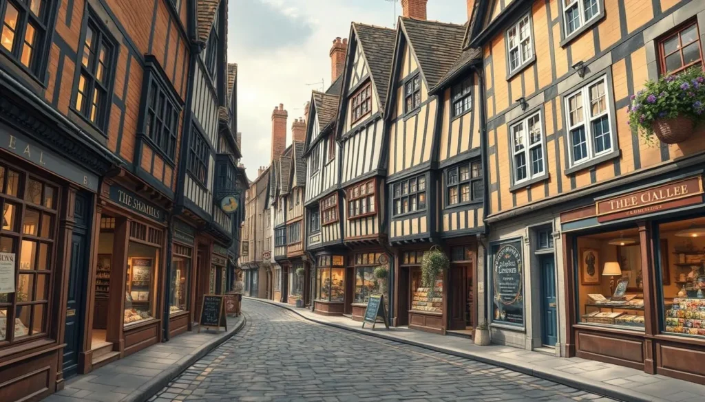An image of The Shambles in York, England, with its characteristic cobblestone street and leaning Tudor-style buildings.