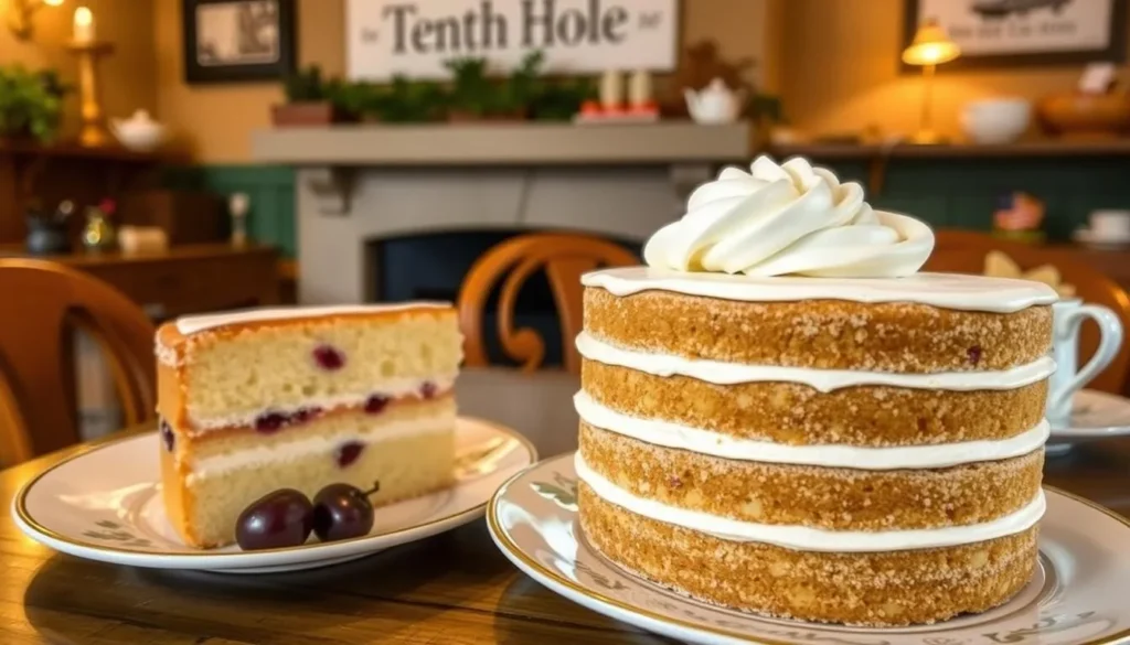 An image of The Tenth Hole Tea Rooms with a large victoria sponge cake