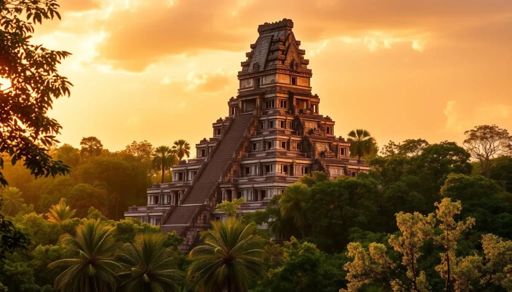 An image of Tikal's majestic Temple IV rising above the jungle canopy at sunrise.