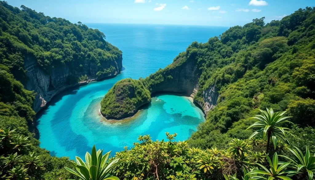 An image of To Sua Ocean Trench with crystal-clear waters and lush greenery surrounding it. An image of To Sua Ocean Trench with crystal-clear waters and lush greenery surrounding it.