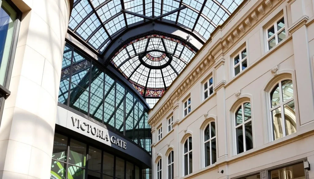 An image of Victoria Gate's contemporary architecture and Victoria Quarter's elegant stained-glass roof.