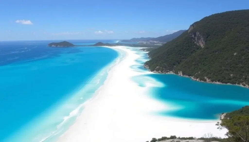 An image of Whitehaven Beach with its pristine white sand and turquoise water, taken from the Hill Inlet lookout.