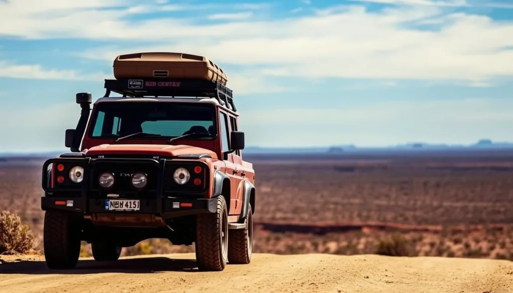An image of a 4WD vehicle driving along the Red Centre Way, with the vast desert landscape stretching into the horizon.
