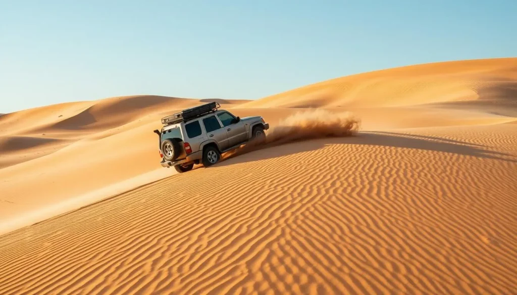 An image of a 4x4 vehicle navigating through the sand dunes of Qatar's desert.