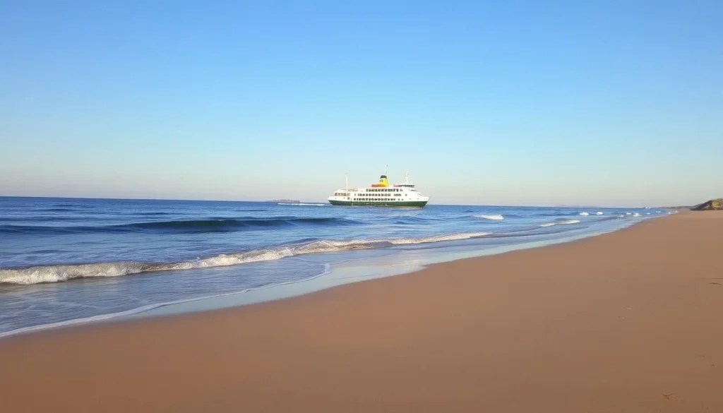 An image of a Cape Cod beach with a ferry in the background