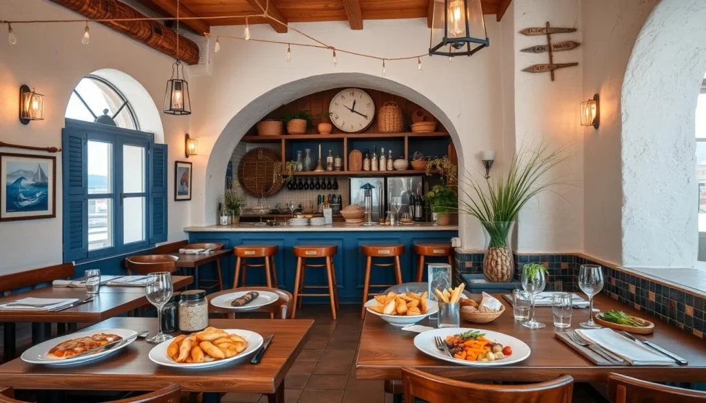 An image of a Croatian restaurant with a rustic, nautical theme, serving seafood and traditional Croatian dishes.
