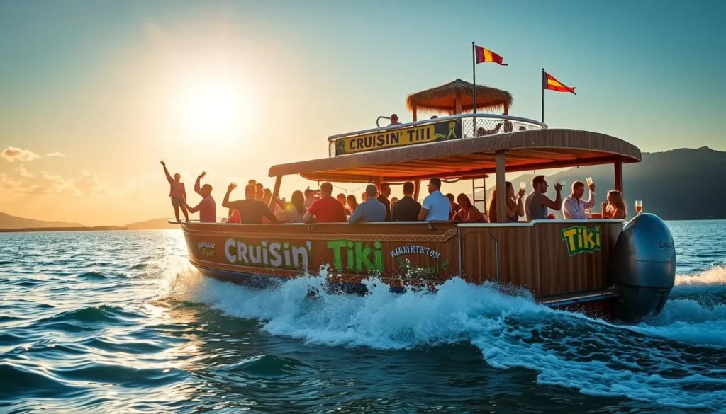 An image of a Cruisin' Tiki boat on the water with people enjoying drinks