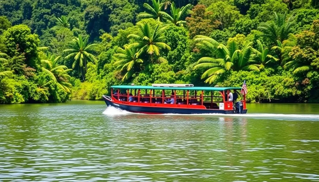 An image of a Daintree River Cruise boat gliding through the calm waters, surrounded by lush rainforest.