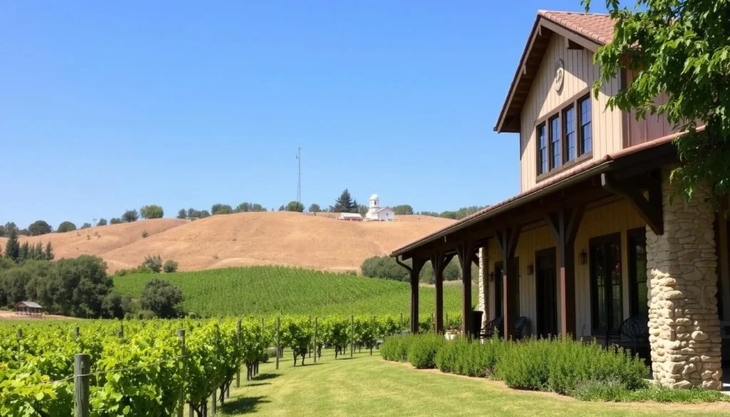 An image of a Fredericksburg winery with vineyards in the background