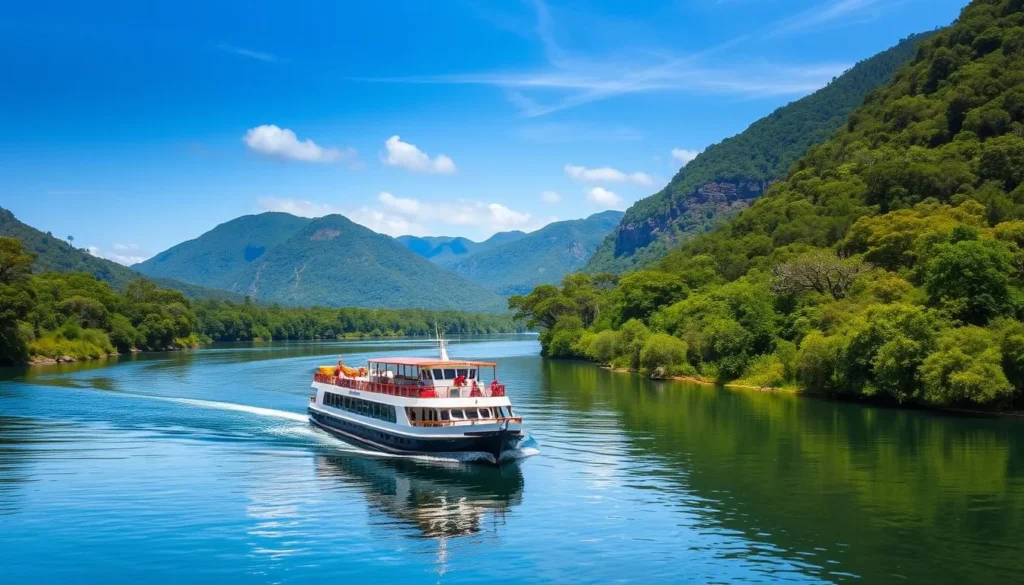 An image of a Gordon River Cruise boat navigating through calm waters surrounded by lush wilderness.