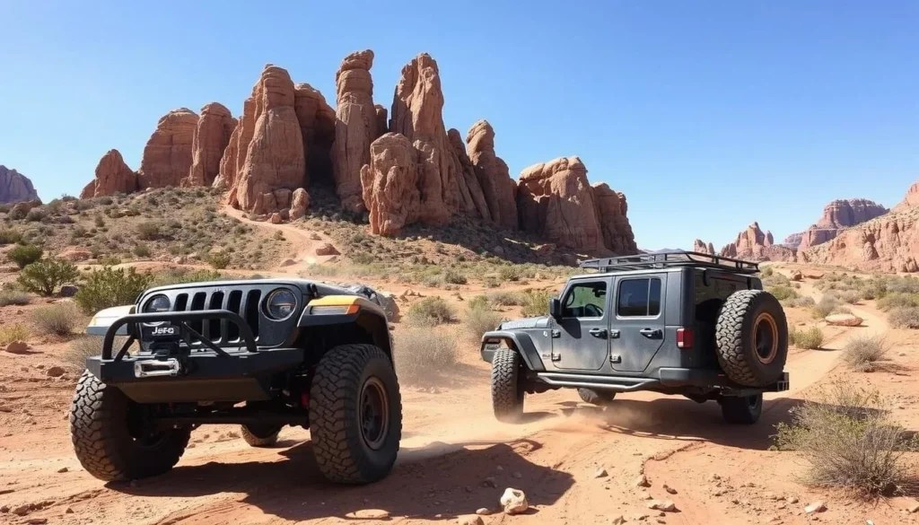 An image of a Jeep navigating through the rugged terrain of Hell's Revenge