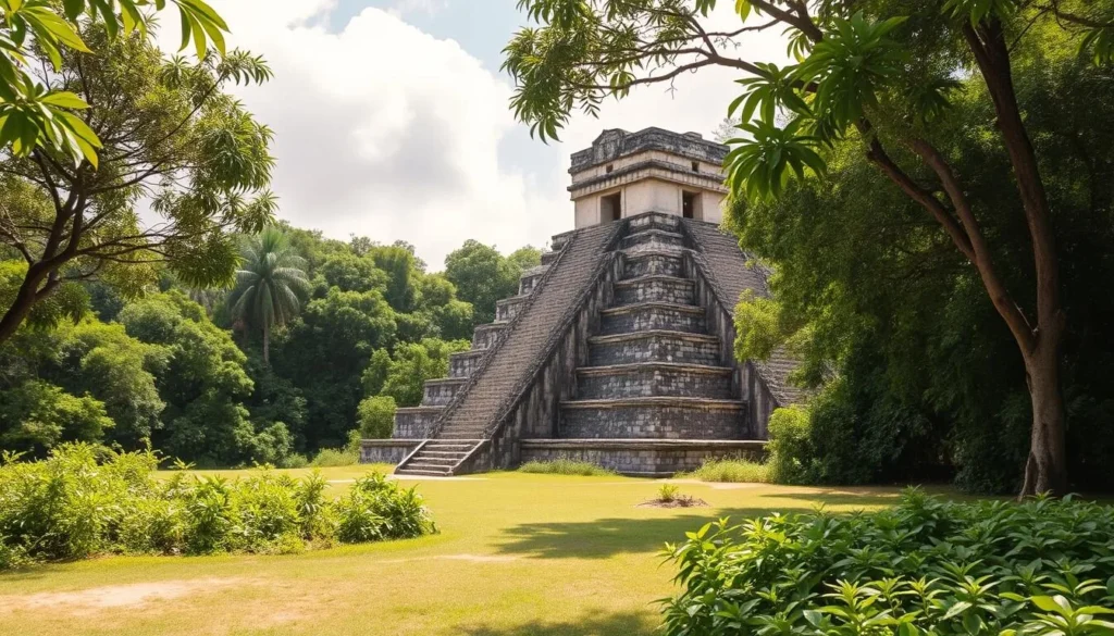 An image of a Maya ruin in Belize, with lush jungle surroundings and a historic temple in the background.