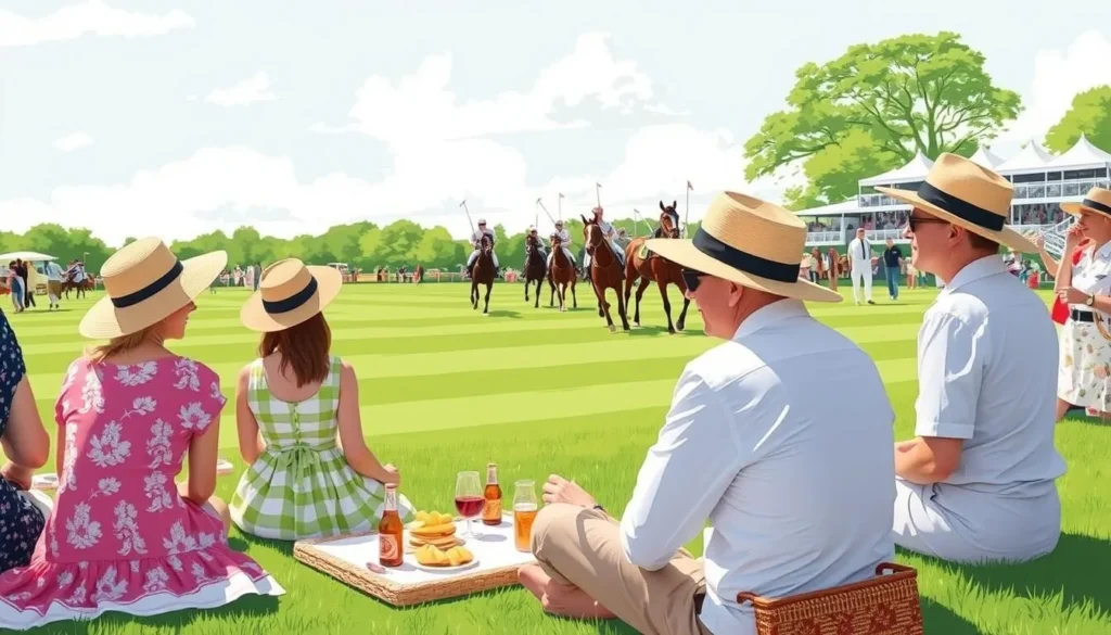 An image of a Newport Polo match with spectators dressed in summer attire, enjoying a picnic on the lawn.