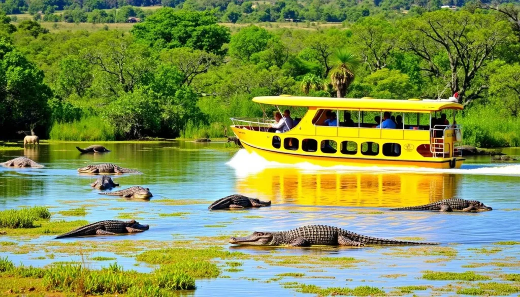 An image of a Yellow Water Cruise boat navigating through the wetlands of Kakadu National Park, with crocodiles and wildlife in the surrounding area.