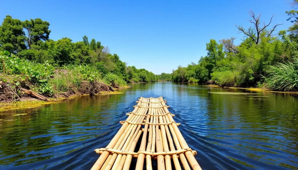 An image of a bamboo raft on the Rio Grande River with lush greenery surrounding it.