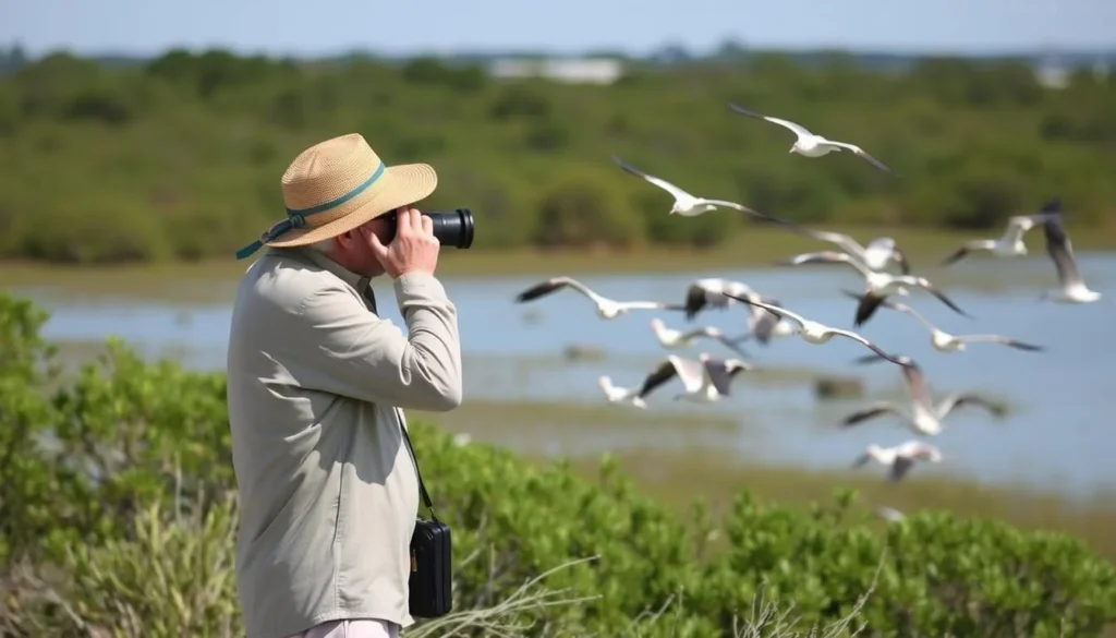 An image of a birdwatcher observing migratory birds at Pea Island National Wildlife Refuge