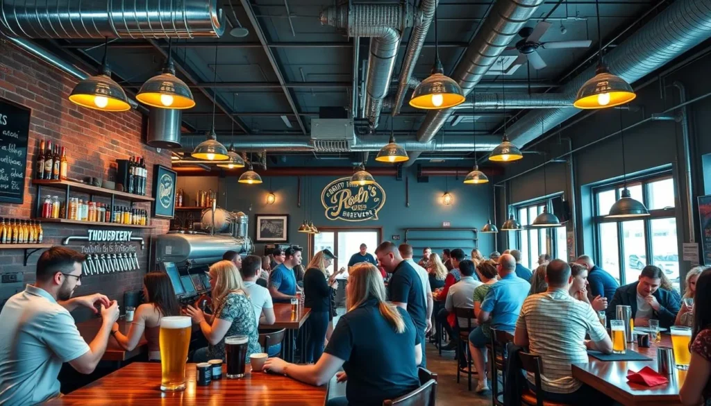 An image of a brewery in North Little Rock with a contemporary taproom and people enjoying beer.