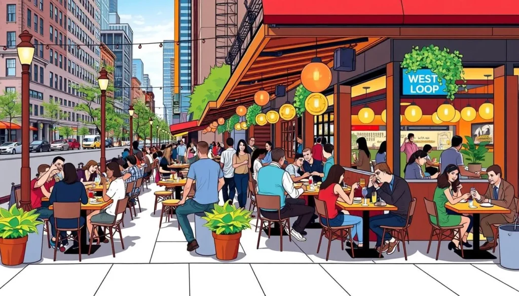 An image of a bustling restaurant scene in the West Loop, with outdoor seating and modern decor.