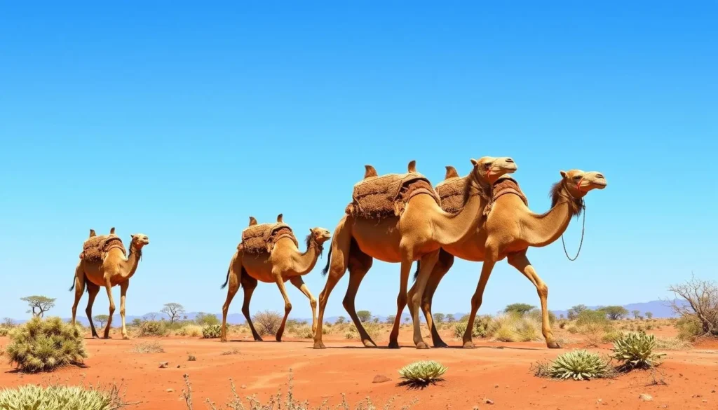 An image of a camel safari in Samburu, with camels walking through a semi-arid landscape.