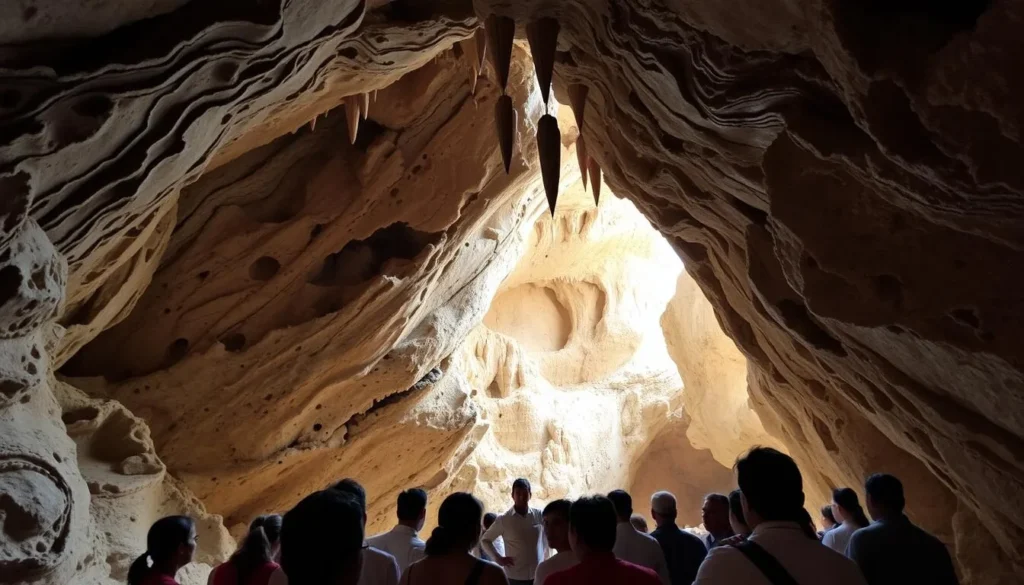 An image of a cave with stunning rock formations and a guided tour group.