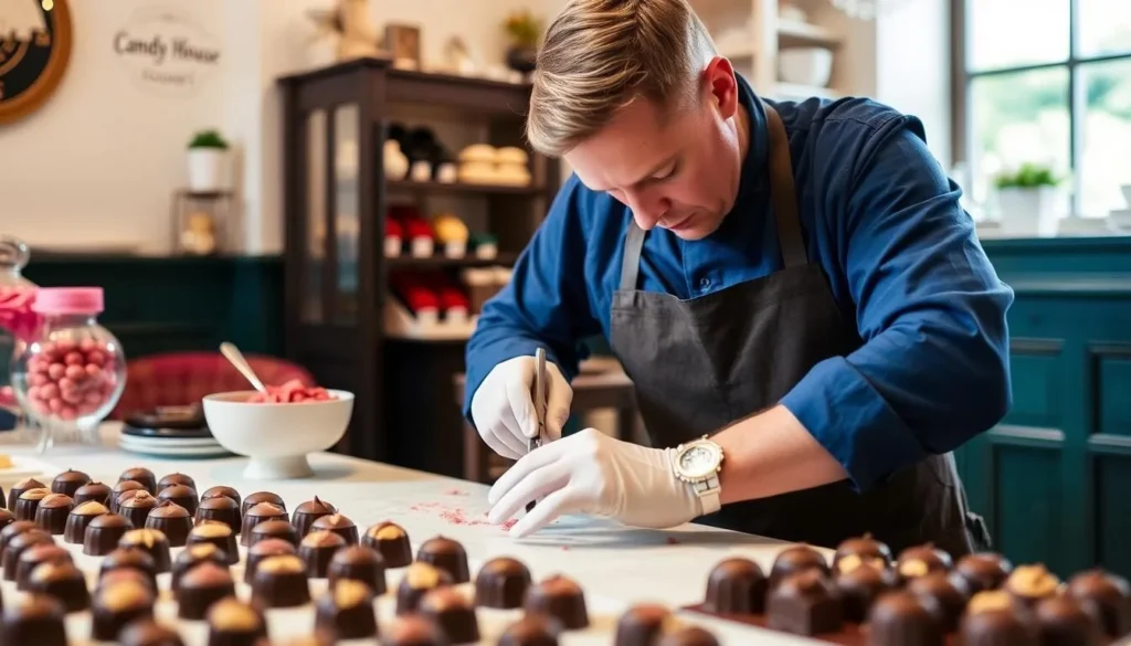 An image of a chocolatier handcrafting chocolates at Candy House Gourmet