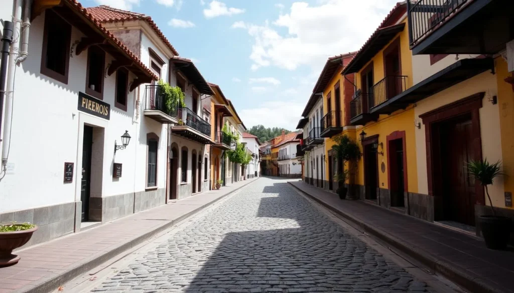An image of a cobblestone street in Pirenópolis with historic buildings.