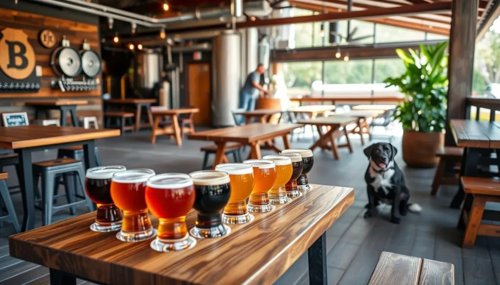 An image of a cozy brewery with a dog-friendly outdoor area and flights of beer.