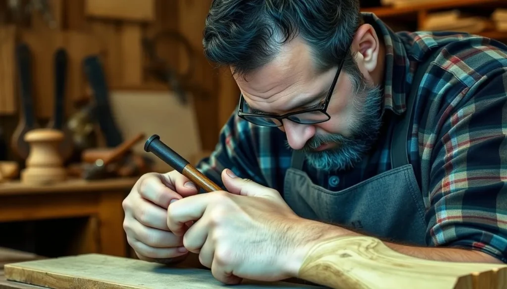 An image of a craftsman working on a wooden piece at Webster's Woodworking, highlighting the craftsmanship.