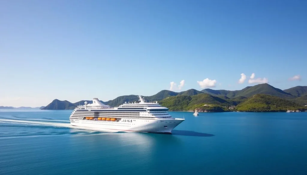 An image of a cruise ship sailing through the Whitsunday Islands, with the islands in the background.