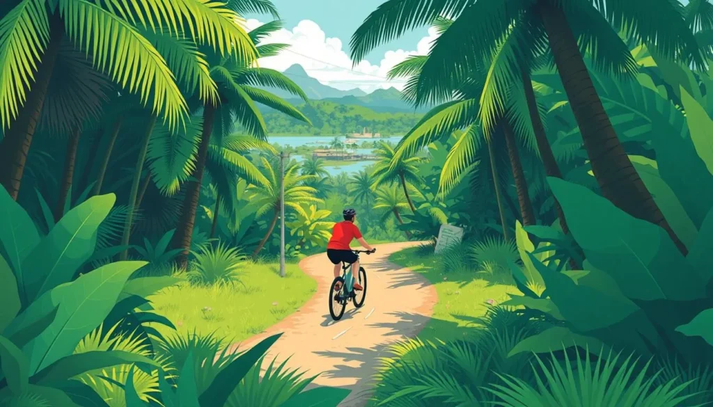 An image of a cyclist riding through a palm-fringed jungle on West Island.