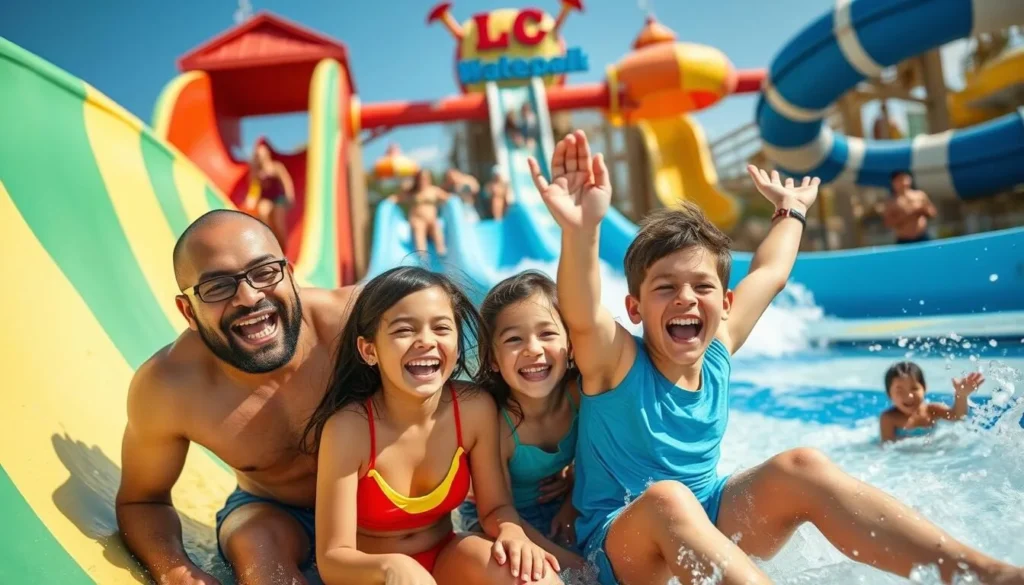 An image of a family enjoying the water slides at LC Waterpark