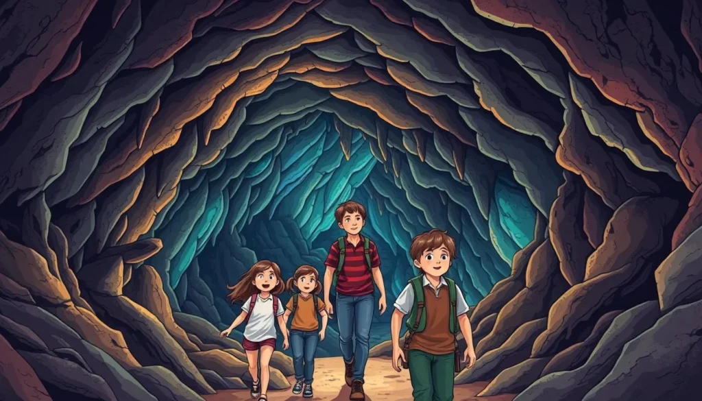 An image of a family exploring the Natural Bridge Caverns, with a guide leading the way through the underground passageways.