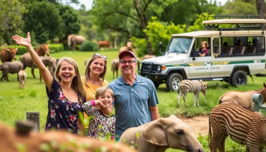 An image of a family observing wildlife at the Fossil Rim Wildlife Center, with a safari vehicle in the background.